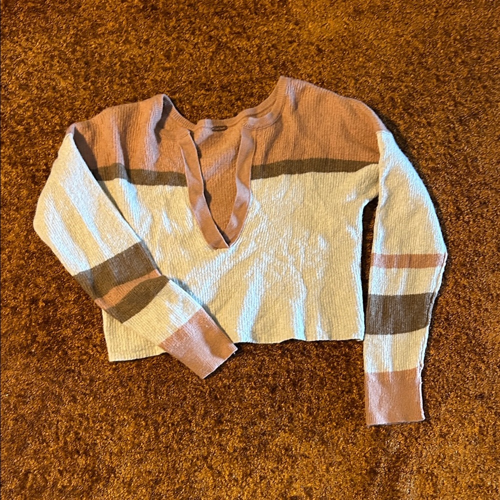 Free People V-Neck Sweater in Cream and Brown Tones